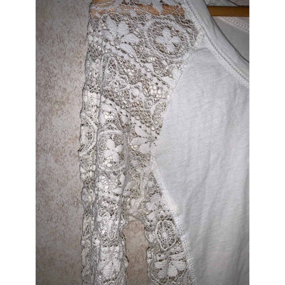 White Floral Lace Long Sleeve Top Mixed Media Scoop Neck High-Low Hem Womens M - Picture 2 of 12